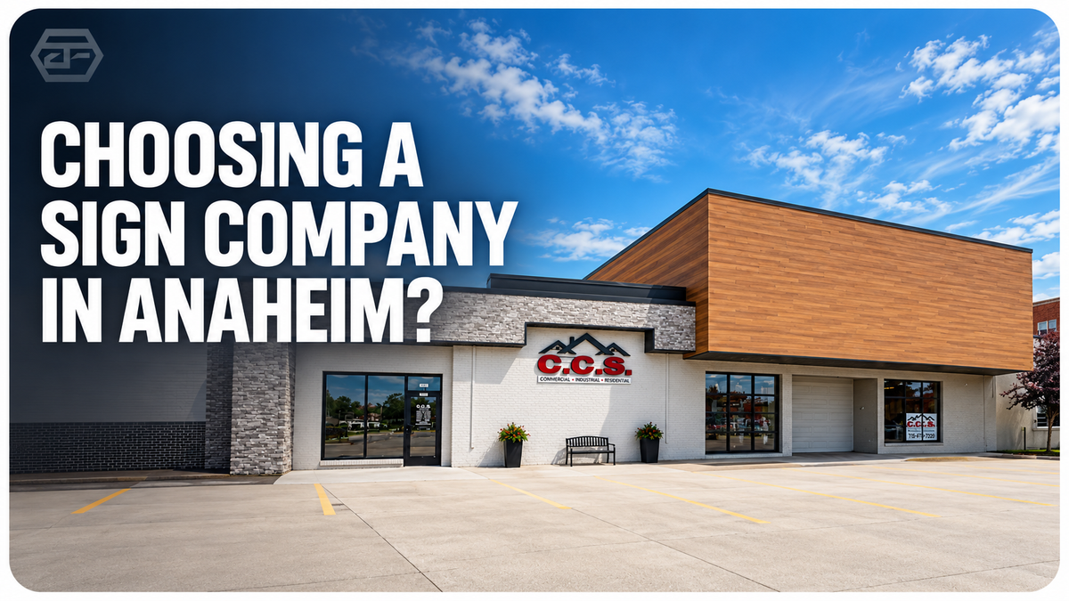 Commercial business sign shown in full storefront context