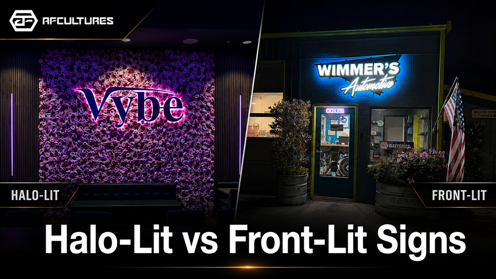 Halo-lit vs front-lit signs comparison for custom illuminated business signage