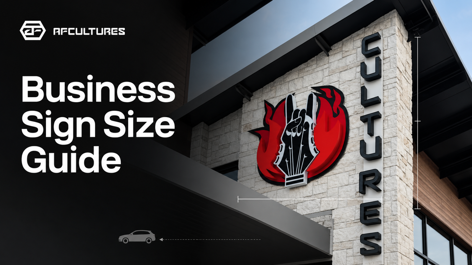 Business sign size guide showing a custom AFCULTURES sign in a real branded space