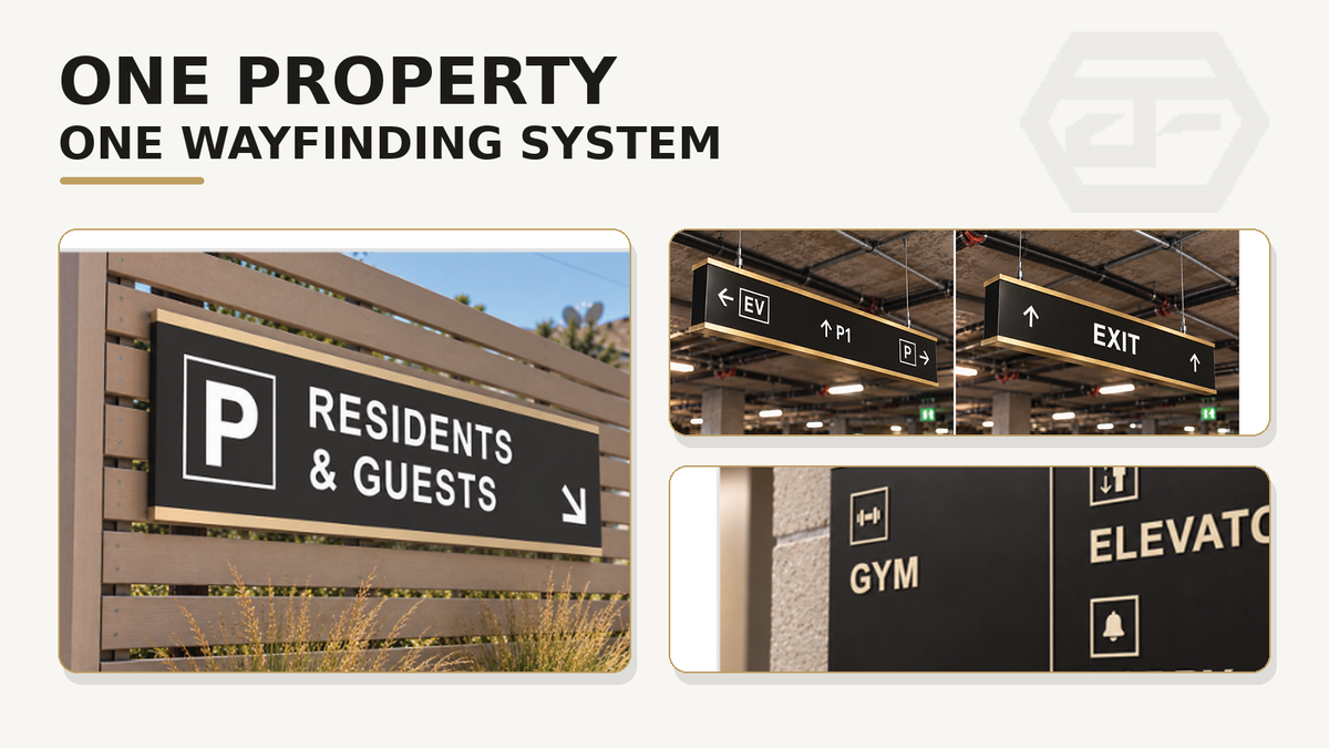 Commercial property wayfinding system connecting parking lobby elevator and EV directions