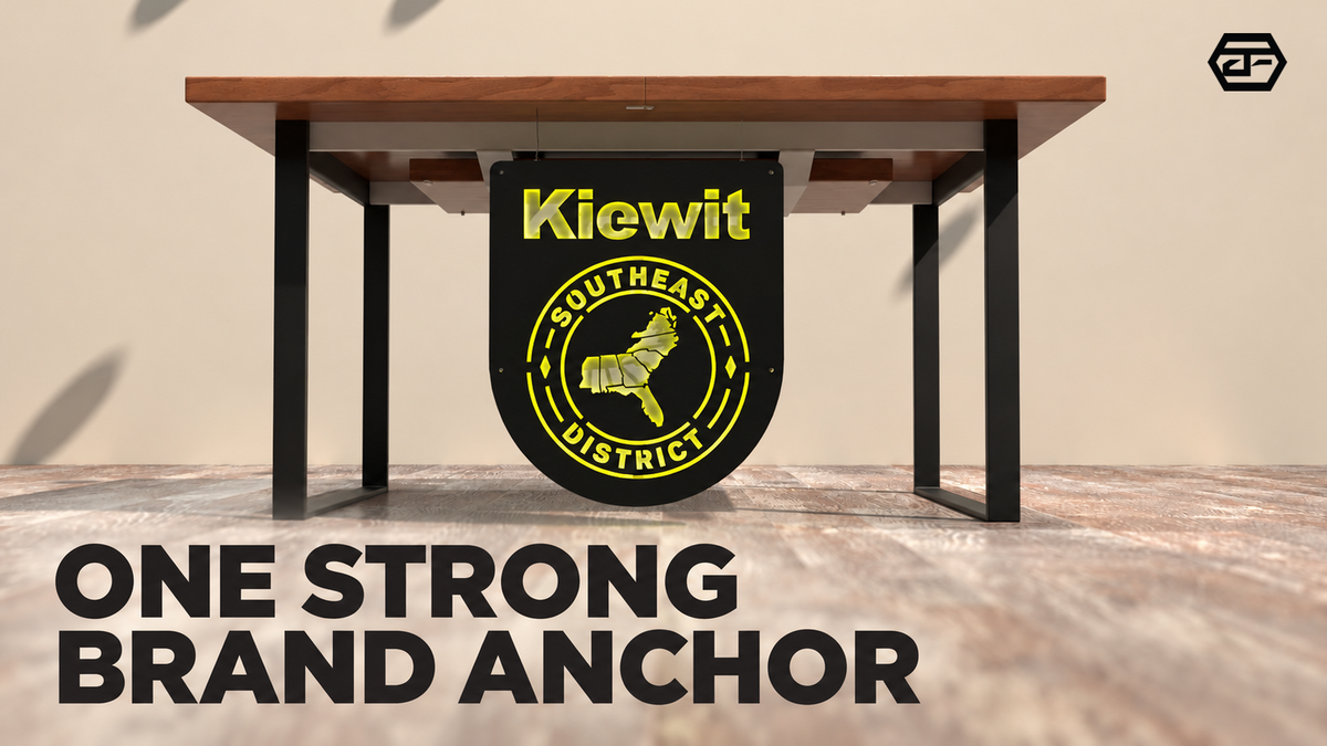 Kiewit corporate office sign shown within the surrounding workplace