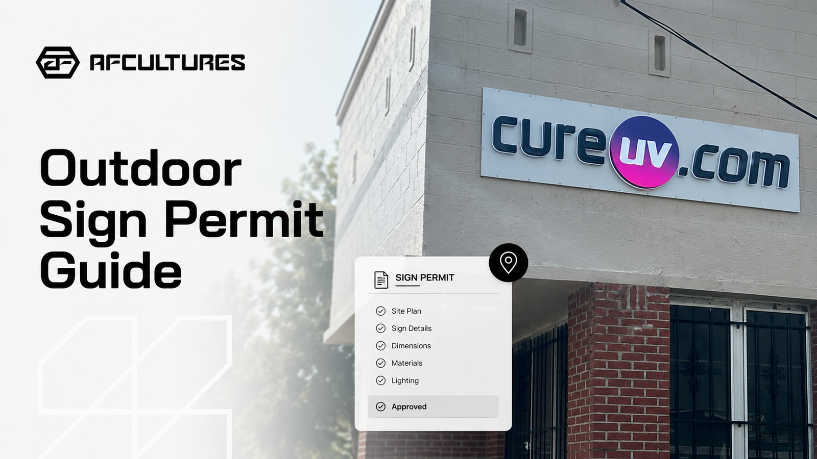Outdoor business sign installed on storefront with AFCULTURES planning support