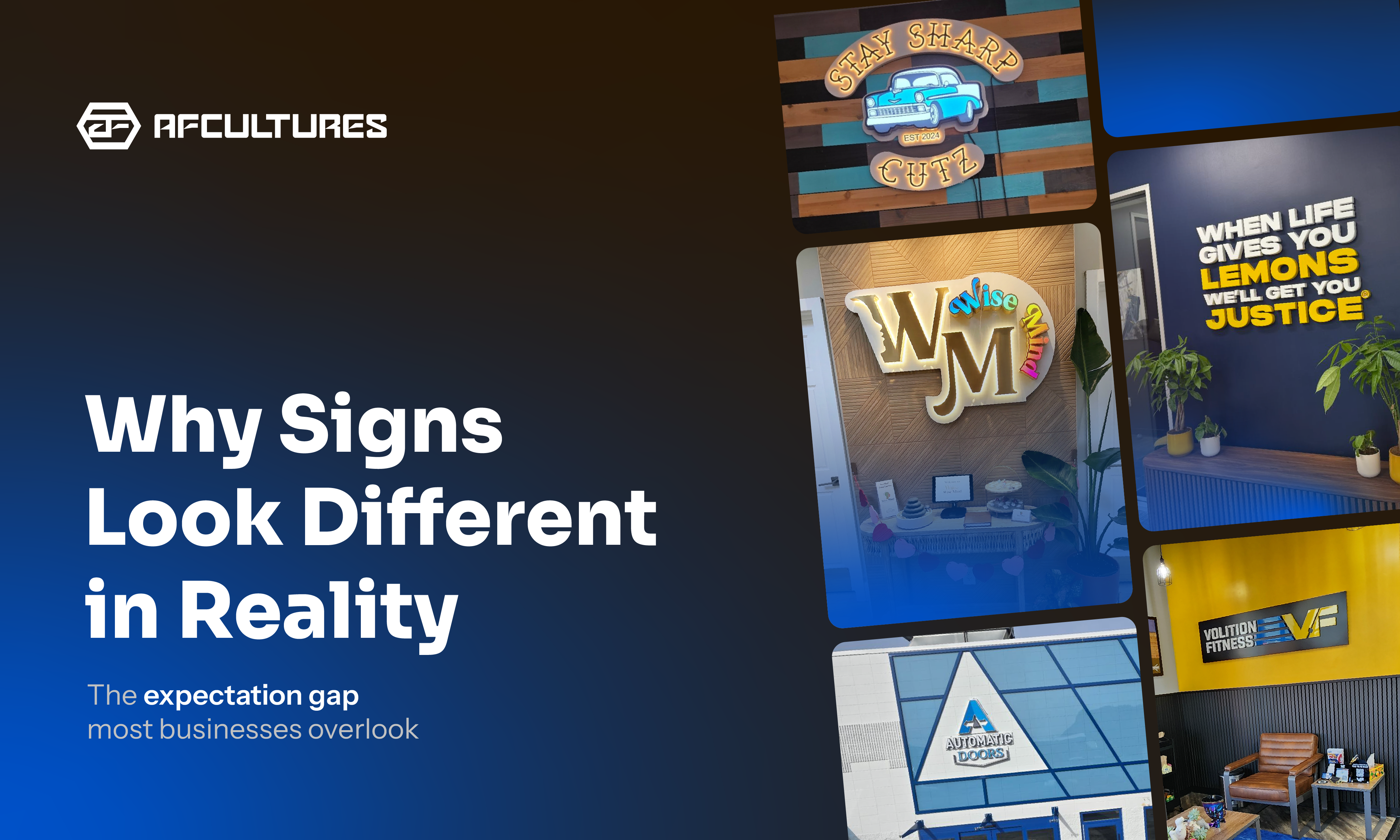 Various custom signage projects in real environments showcasing different styles, materials, and brand applications