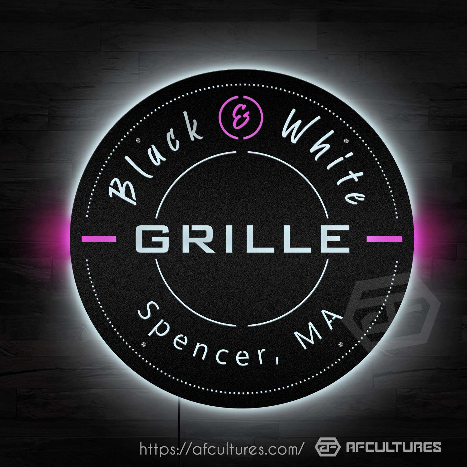 black and white grille restaurant and bar metal signs