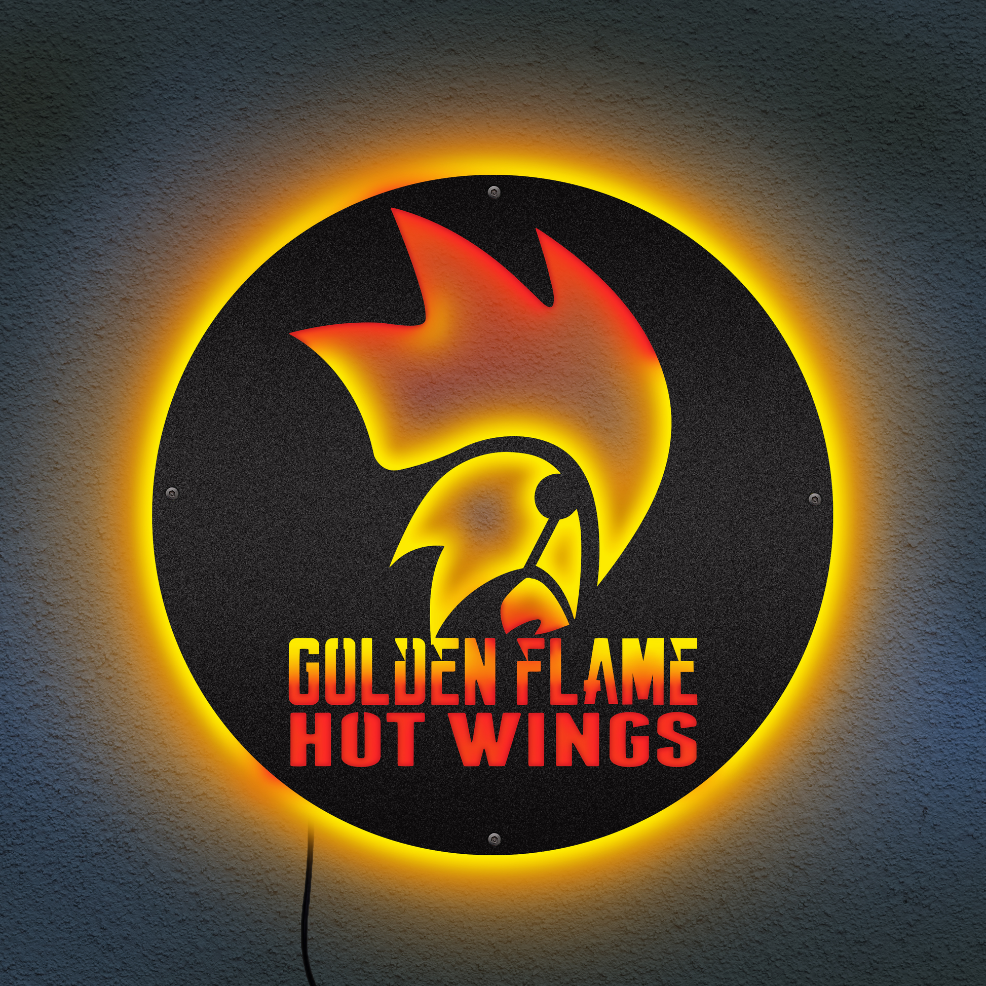 golden flame hot wings metal sign displayed in restaurant bar
