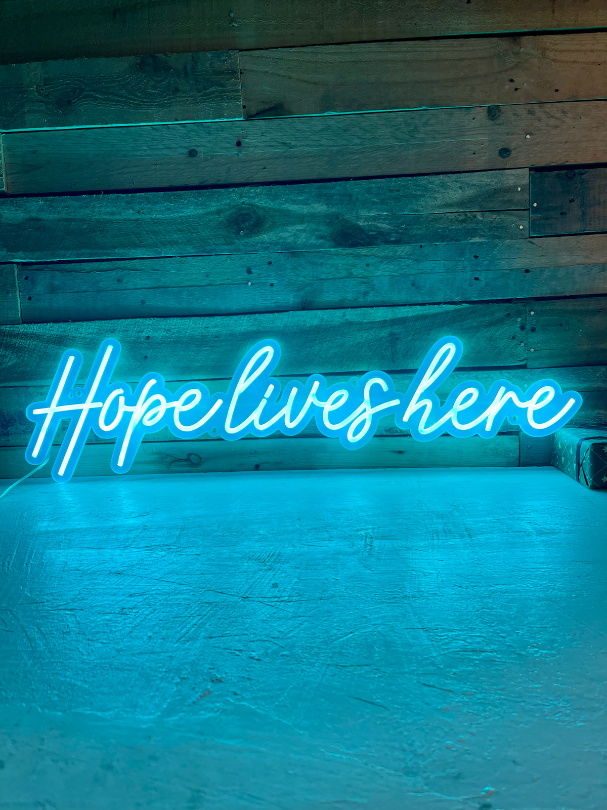 hope lives here podcast logo with led neon flex sign