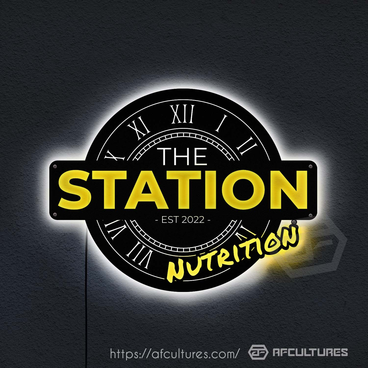 station nutrition retail metal signs displayed in store