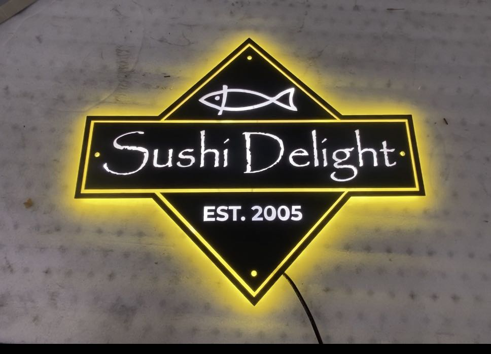 sushi delight restaurant and bar metal sign