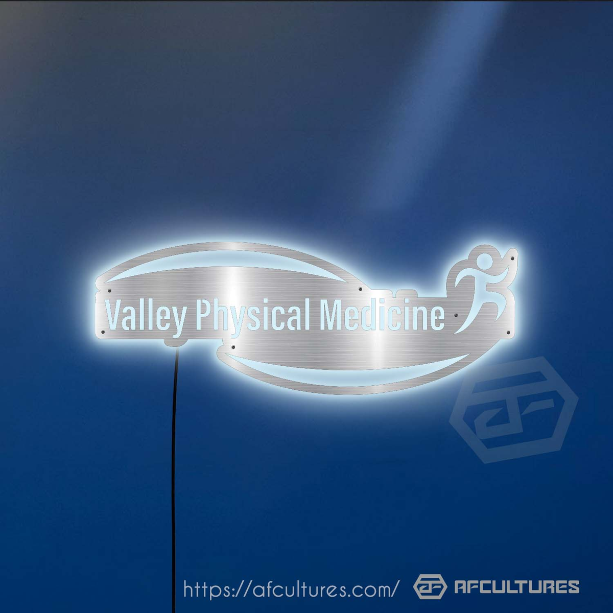 metal signs with valley physical medicine healthcare logo and branding