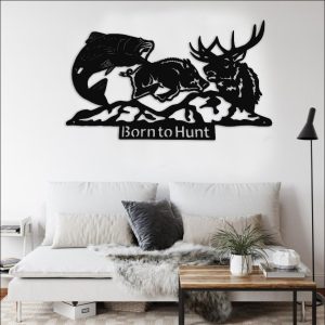 Born To Hunt Deer Boar Fish Metal Wall Art, Great Monogram For