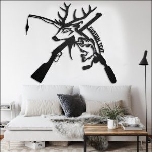Hunting rifle-gun and Fishing rod metal wall art, Perfect monogram