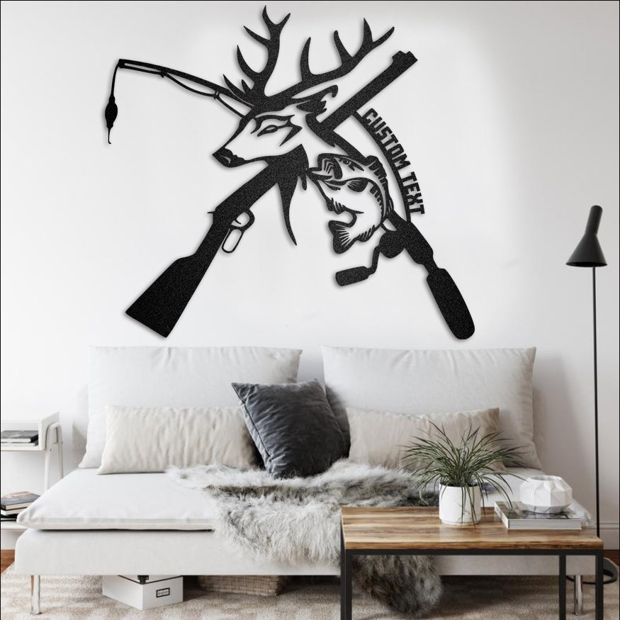 Vinyl Wall Decal Hunting Fishing Hobby Rod Gun Deer Head Horns Stickers  Mural Large Decor (g3244) Black